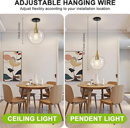 Glass Pendant Lights Kitchen Island, 9.45'' Black Gold Pendant Lighting Fixtures, Modern Hanging Ceiling Light with Clear Glass Shade for Farmhouse Dining Room Bedroom Hallway(1 Pack)