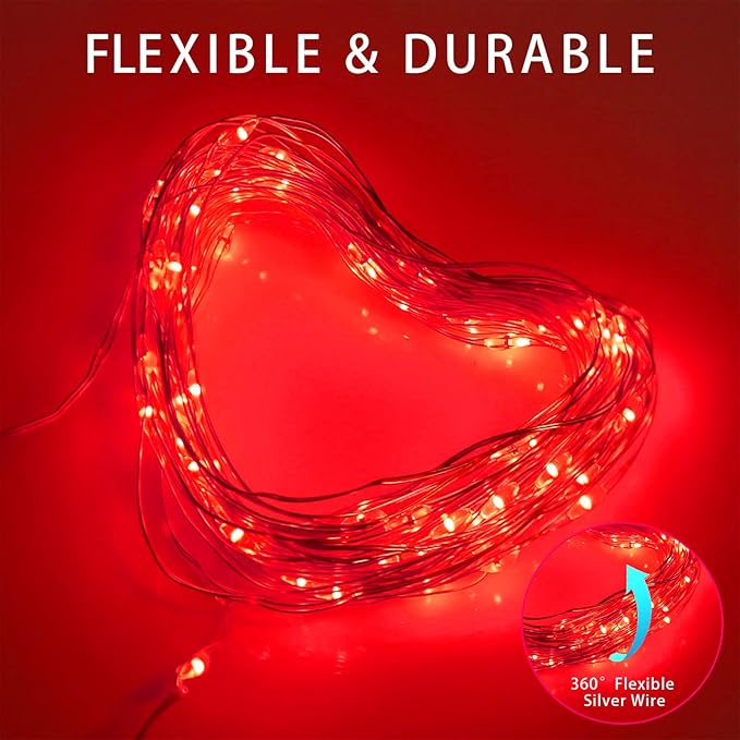 Red Solar Christmas String Lights Outdoor Waterproof, 2Pack Total 200Led 8 Modes Copper Fairy Lights, Solar Powered Outside Decorations for Valentines Day, Garden, Patio, Fence, Balcony