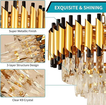 Depuley Modern Gold Crystal Chandelier: 5-Light Flush Mount Chandelier 12 3-Tier Inch Luxury Round Hanging Pendant Light Fixture for Porch Bedroom Dining Room Foyer Included Bulbs