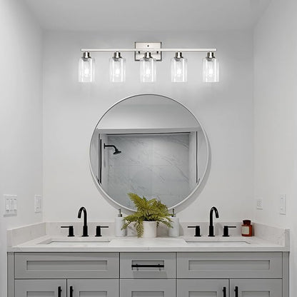Ascher Bathroom Light Fixtures, 5-Light Vanity Lights with Clear Glass Shade, Modern Brushed Nickel Wall Light for Mirror Bedroom Hallway Cabinet Porch
