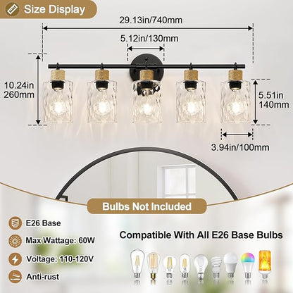 MOKATNG Bathroom Light Fixtures, 5-Light Coastal Vanity Lights with Crystal Glass Shade, Black Bathroom Wall Lamp for Mirror Kitchen Hallway Cabinet