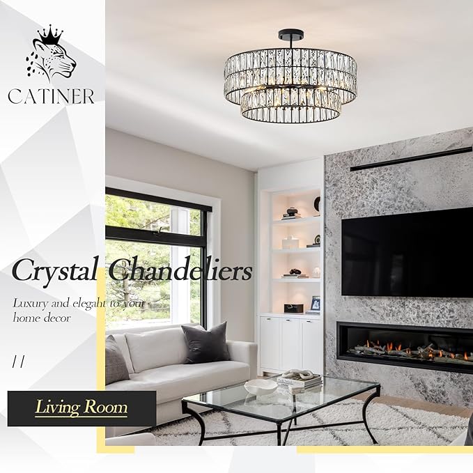 CATINER 24'' Black Crystal Chandeliers Luxury 8-Lights Pendant Chandelier Drum Semi Flush Mount Ceiling Lights for Living Room Dining Room Foyer Bedroom Kitchen