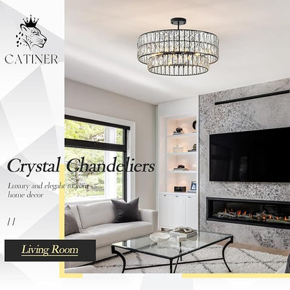CATINER 24'' Black Crystal Chandeliers Luxury 8-Lights Pendant Chandelier Drum Semi Flush Mount Ceiling Lights for Living Room Dining Room Foyer Bedroom Kitchen