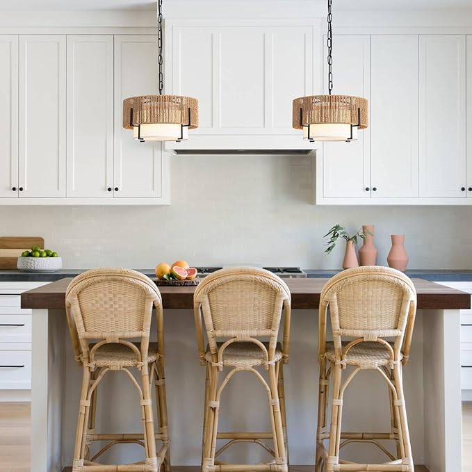 12.6" Rattan Pendant Light, Boho Chandelier Light Fixture with Fabric Shade, Farmhouse Rattan Hanging Ceiling Lighting Fixture for Dining Room, Living Room, Kitchen Island, Bedroom, Hallway, Foyer