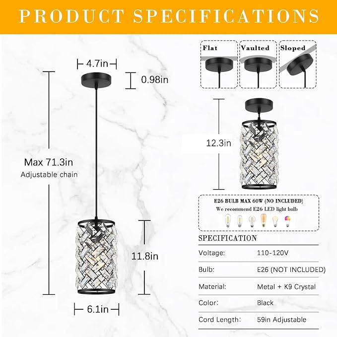 Black Crystal Pendant Lights Kitchen Island, Modern Mini Chandelier, Adjustable Hanging Ceiling Light Fixture for Kitchen Dining Room Bedroom Foyer Bar (1 Pack)