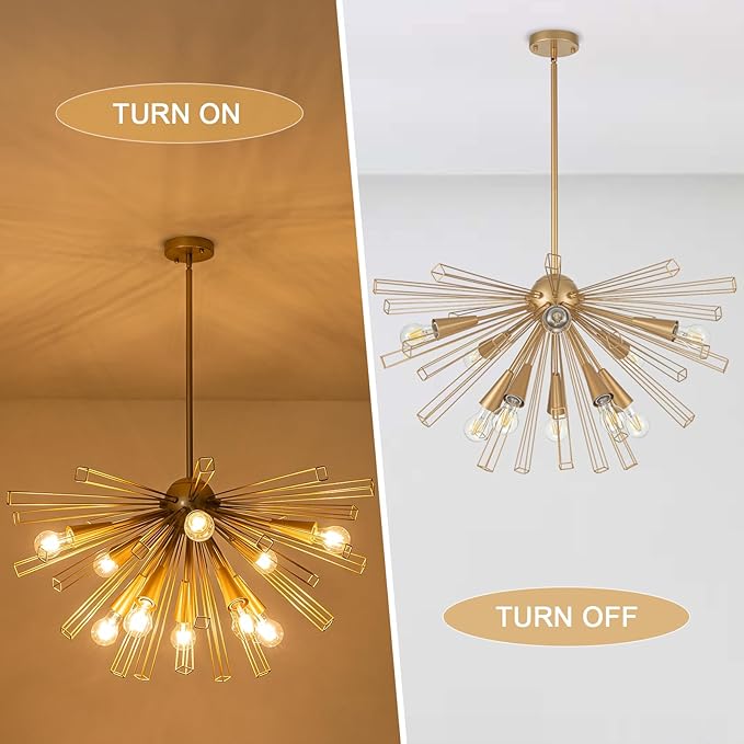 Modern 33'' Gold Sputnik Chandelier, 10-Light Mid Century Brushed Brass Starburst Chandelier Light Fixture, Large Pendant Lighting for Kitchen Dining Room Bedroom Foyer Sloped Ceiling Compatible