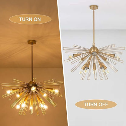Modern 33'' Gold Sputnik Chandelier, 10-Light Mid Century Brushed Brass Starburst Chandelier Light Fixture, Large Pendant Lighting for Kitchen Dining Room Bedroom Foyer Sloped Ceiling Compatible