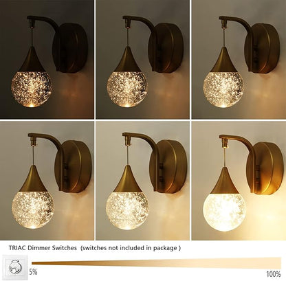 Modern Waterdrop Wall Light, 5W Led Wall Sconce Bubble Glass Wall Lamp for Bedroom, Living Room, Hallway, 3300k Warm White | Dimmable | Matte Brass