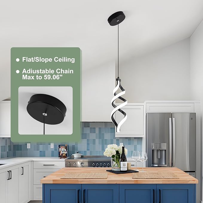 EIDISUNY 3 Pack Pendant Light Fixture, 15W Black Spiral Led Chandelier Hanging Lamp, 3000K-6000K, Dimmable Pendant Lamp, Adjustable Height Pendant Light for Kitchen Island Dining Room Bedroom Cafe