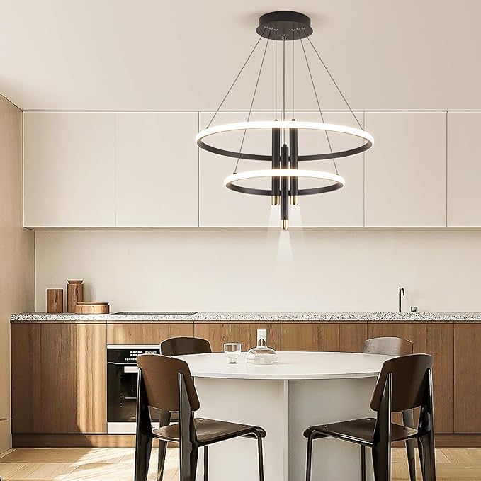ORANOOR LED Black Modern Chandeliers for Dining Room Bedrooms Living Room, Dimmable 24in 5250lm Kitchen Pendant Lamp Dining Room Light Fixtures Ceiling Hanging Over Table, 2 Ring Round Chandeliers
