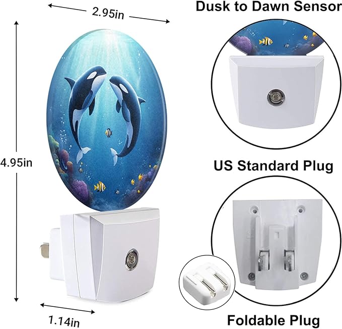 Whale Night Light Undersea Killer Whales Blue Ocean Sea Coastal LED Dusk to Dawn Plug-in Nightlight Auto Sensor for Bedroom Bathroom Hallway Living Room