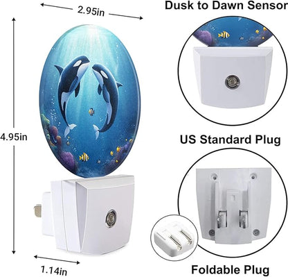 Whale Night Light Undersea Killer Whales Blue Ocean Sea Coastal LED Dusk to Dawn Plug-in Nightlight Auto Sensor for Bedroom Bathroom Hallway Living Room