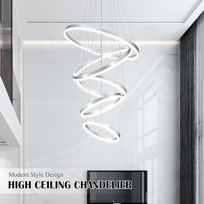 5 Rings Pendant Lights Modern Nickel Led Chandelier Nickel Modern Led Pendant Light Dimmable Height Adjustable Chandeliers for Dining Room Bedroom Entryway Living Room Foyer (3000K-6000K)