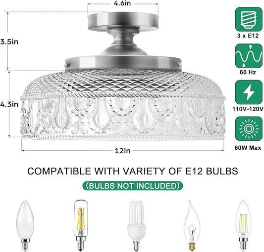 Lamomo Semi Flush Mount Ceiling Light,Upgraded Larger 12 Inch Silver Hallway Light Fixture,3 Light Globe Glass Close to Ceiling Scone, Indoor Hanging Light for Bedroom Kitchen Porch Hallway