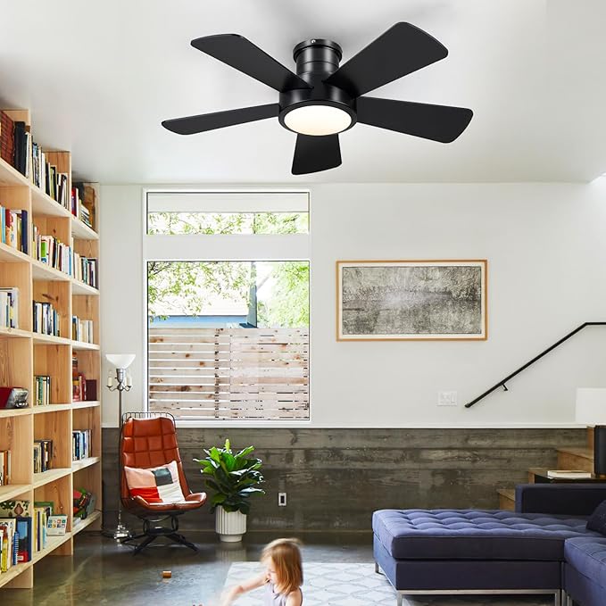 Hounberi 40 Inch Flush Mount Ceiling Fan with Lights and Remote, Modern Quiet DC Motor Low Profile Ceiling Fan for Low Ceilings, 5 Reversible Blades, 6 Speeds Dimmable, Indoor Outdoor Bedroom, Black