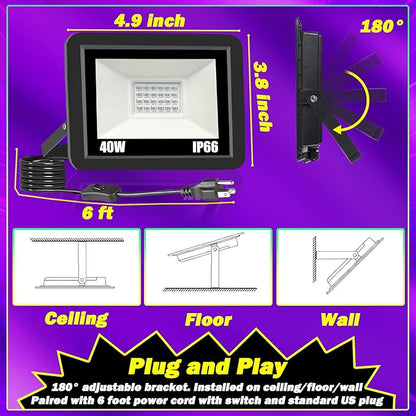 40W Black Light IP66 Waterproof Outdoor Flood Light with 6ft Cord+Plug+Switch, Blacklight Floodlight for Halloween Neon Glow in The Dark Fluorescent Poster Body Paint Bedroom 1 Pack