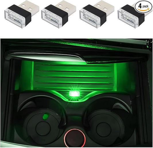 Dickno 4 PCS USB LED Car Interior Atmosphere Lamp, Portable Mini LED Night Light, Plug-in USB Interface Trunk Ambient Lighting Kit, Universal Vehicle Interior Accessories (Green)