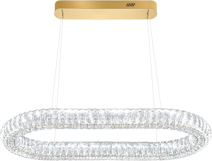 Led Ring Chandelier, Modern Linear Oval Chandelier for Dining Room 31.5in Gold Crystal Ring Pendant Light Dimmable 3000K-6000K
