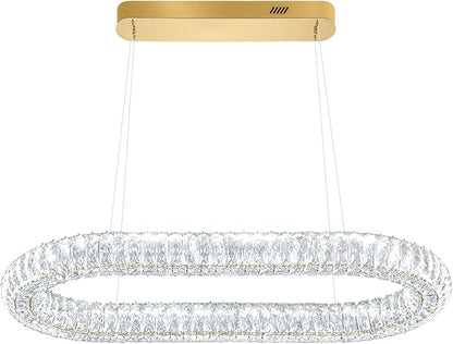Led Ring Chandelier, Modern Linear Oval Chandelier for Dining Room 31.5in Gold Crystal Ring Pendant Light Dimmable 3000K-6000K
