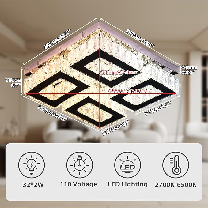13.1'' Square Modern Chandelier Light with Remote Crystal Ceiling Light Stainless Steel LED Flush Mount Ceiling Light Fixtures for Bedroom Living Room Kitchen Dimmable