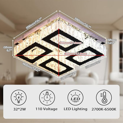 13.1'' Square Modern Chandelier Light with Remote Crystal Ceiling Light Stainless Steel LED Flush Mount Ceiling Light Fixtures for Bedroom Living Room Kitchen Dimmable
