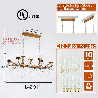 Crystal Chandeliers Contemporary Chandelier Island Lighting 10 Lights Candle Rectangle Hanging Ceiling Pendant Light Fixture for Dining Room Living Room Kitchen Island Entry L42.91