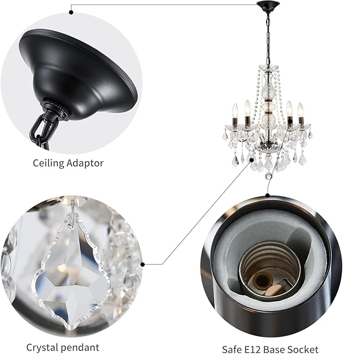 WUZUPS Crystal 5-Light Candle Chandelier Pendant Flushmount Ceiling Light Modern Lighting Fixture for Bedroom Hallway Bar Kitchen Bathroom, H 25" x W 20", Black, E12 Base