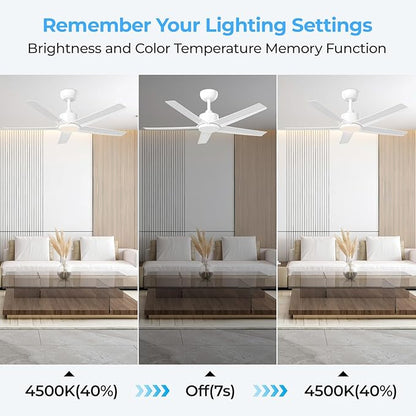 ocioc 44" Ceiling Fans with Lights,White Ceiling Fan with Light and Remote,Reversible Airflow,6 Speeds,Timer,Dimmable,Modern Ceiling Fan for Bedroom,Patios Indoor/Covered Outdoor Use