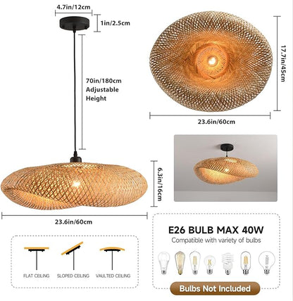 23.64in Bamboo Chandelier Boho Rattan Pendant Lighting Large Wicker Light Fixtures Bohemian Hand-Woven Hanging Ceiling Lights for Kitchen Island Dining Living Room Restaurants Bedroom Cafe