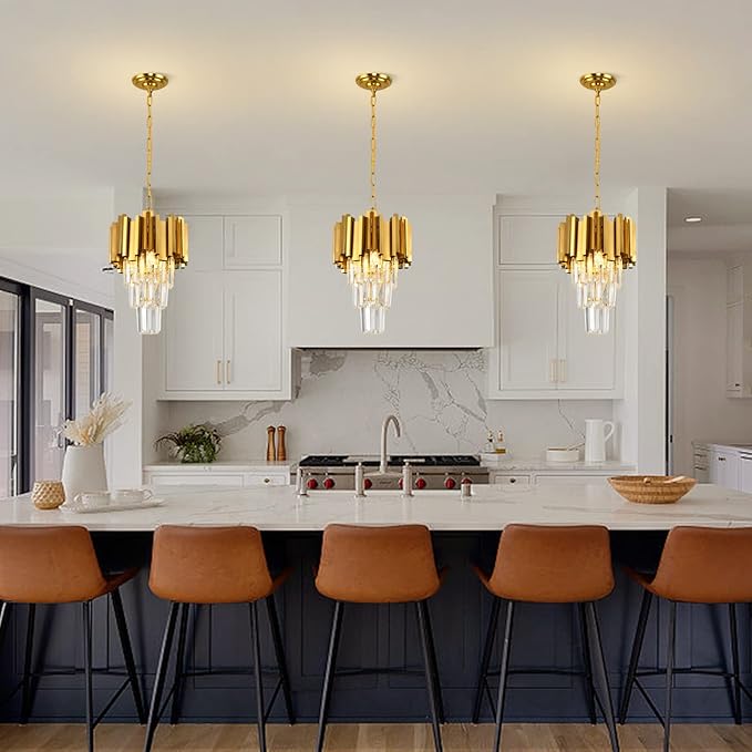 Gold Pendant Light Fixtures Dining Room Chandelier 3-Light Modern Small Crystal Pendant Lights Kitchen Island Kitchen Living Room entryway Bedroom Round Ceiling Hanging Light fixtures 3-Tiers W11.8in