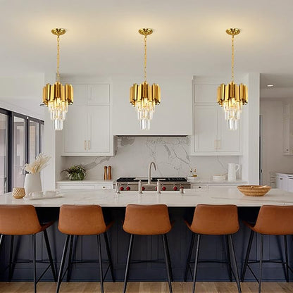 Gold Pendant Light Fixtures Dining Room Chandelier 3-Light Modern Small Crystal Pendant Lights Kitchen Island Kitchen Living Room entryway Bedroom Round Ceiling Hanging Light fixtures 3-Tiers W11.8in