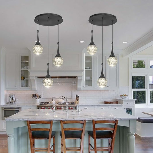 Flashing God Pendant Light Fixtures 3-Light Kitchen Island Pendant Lights Modern Black Chandelier Dimmable LED Pendant Lighting for Kitchen Island Dining Room