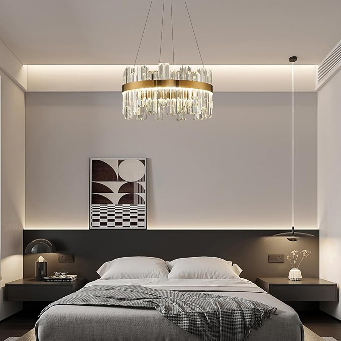 Gold Modern Crystal Led Chandelier: 19.7" Dimmable K9 Crystals Chandeliers over Table - Golden Luxury Round Drum Chandelier - Height Adjustable Sparkly Chandelier for Dining Room Living Room Bedroom