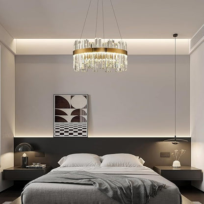 Gold Modern Crystal Led Chandelier: 19.7" Dimmable K9 Crystals Chandeliers over Table - Golden Luxury Round Drum Chandelier - Height Adjustable Sparkly Chandelier for Dining Room Living Room Bedroom