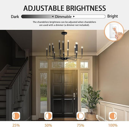 Qamra Farmhouse Black Chandelier for Dining Room, 16-Light Modern Candle Chandelier Light Fixture, Rustic Industrial Hanging Chandeliers Lighting for Living Room, Kitchen, Staircase, Entryway