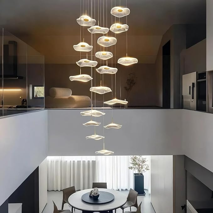 ziidoo High Ceiling Chandelier - 24-Light Dimmable Modern Gold Long Spiral Luxury Linear Lotus Leaf Led Lamp Hanging Pendant Lights for Foyer Enterway Staircase Villas