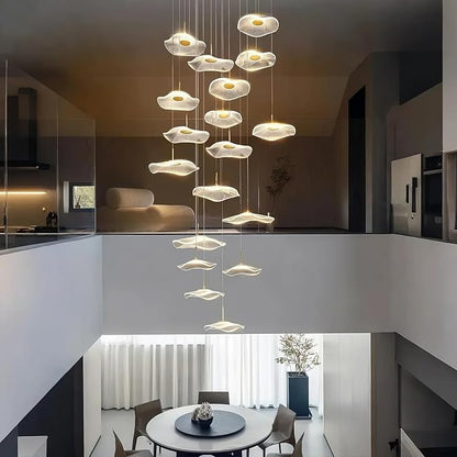 ziidoo High Ceiling Chandelier - 24-Light Dimmable Modern Gold Long Spiral Luxury Linear Lotus Leaf Led Lamp Hanging Pendant Lights for Foyer Enterway Staircase Villas