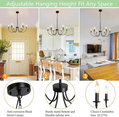 6-Light Farmhouse Chandelier, Black Chandeliers for Dining Room Lighting Fixtures Hanging, Classic Candle Ceiling Modern Chandeliers for Living Room, Foyer, Kitchen Island