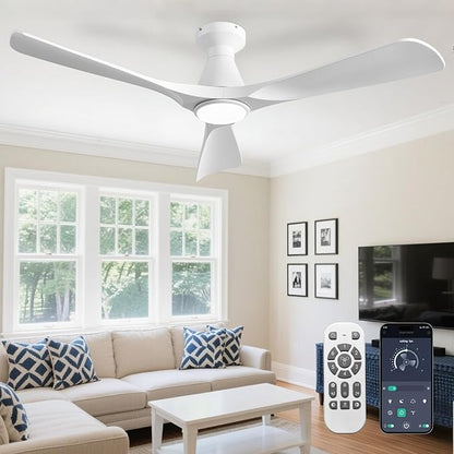 DLLT 52-Inch Ceiling Fans with Lights: Flush Mount Ceiling Fan 3 Blades for Indoor Outdoor - White Ceiling Fan with Remote APP Control Noiseless for Low Profile Bedroom