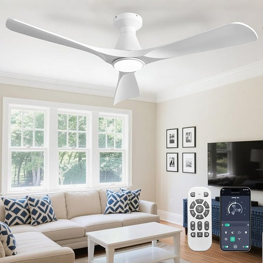 DLLT 52-Inch Ceiling Fans with Lights: Flush Mount Ceiling Fan 3 Blades for Indoor Outdoor - White Ceiling Fan with Remote APP Control Noiseless for Low Profile Bedroom