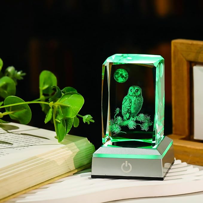 3D Laser Etched Crystal Owl Night Light - Color-Changing LED Base, K9 Crystal Paperweight & Home Decor Gift for Owl Lovers - 3.15inch