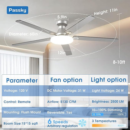 Passky Ceiling Fans with Lights, 60 inch Flush Mount Ceiling fan with Remote Control, Low Profile Ceiling Fan for Bedroom, Farmhouse, Reversible, 3CCT, Dimmable, Noiseless DC Motor, Silver