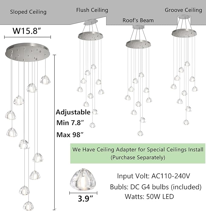 HAIXIANG Glam Chandelier with LED Dimmable Bulbs Bubble Crystal Balls Glam Chandeliers High Ceiling Pendants Light Fixtures Adjustable Long Lights Brushed Nickel