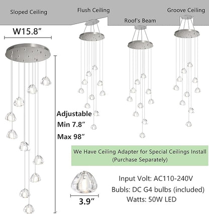 HAIXIANG Glam Chandelier with LED Dimmable Bulbs Bubble Crystal Balls Glam Chandeliers High Ceiling Pendants Light Fixtures Adjustable Long Lights Brushed Nickel