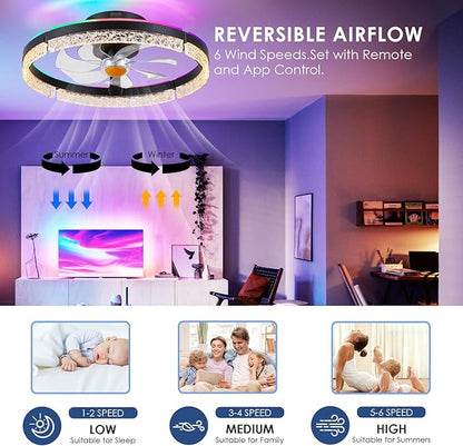 Mpayel 20" Low Profile Ceiling Fan with RGB Light - Modern Bladeless Flush Mount Ceiling Fan with Remote, Quiet DC Motor, 6 Speeds, 3CCT Dimmable LED Light for Kids Room, Bedroom & Bunk Beds