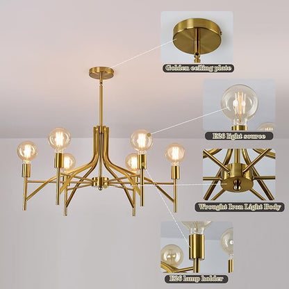 ASGYISA Modern Brass Gold Chandelier Light Fixture 6 Light Vintage Dining Room Light Fixture for Farmhouse Bedroom, Kitchen Foyer Entryway and Living Room