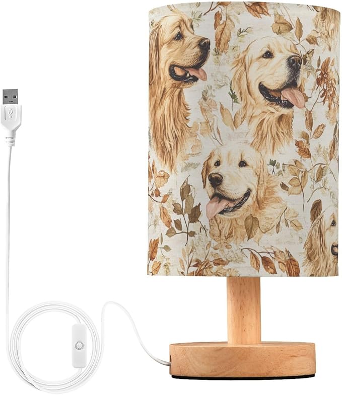 Bedside Table Lamp Fall Golden Retriever Dog Leaves Nightstand Lamp with Wood Desk Lamps for Bedroom Living Room Nursery Office Home Decor