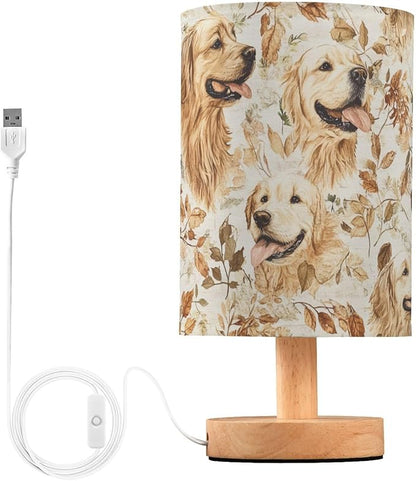 Bedside Table Lamp Fall Golden Retriever Dog Leaves Nightstand Lamp with Wood Desk Lamps for Bedroom Living Room Nursery Office Home Decor