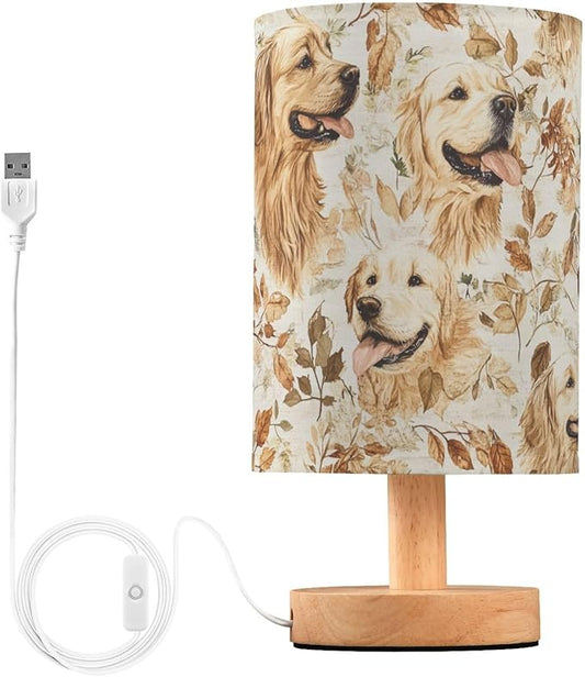 Bedside Table Lamp Fall Golden Retriever Dog Leaves Nightstand Lamp with Wood Desk Lamps for Bedroom Living Room Nursery Office Home Decor