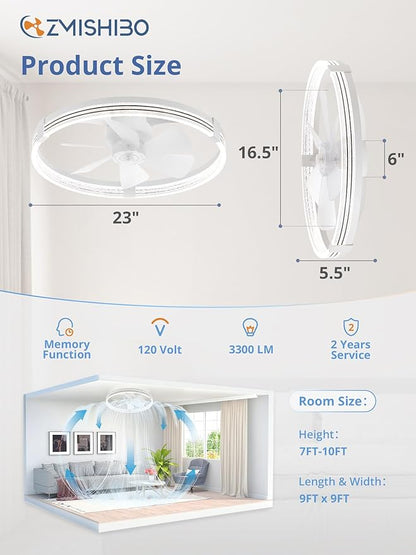 ZMISHIBO Low Profile Ceiling Fans with Lights, Flush Mount Modern Ceiling Fan and Remote Control, 23" LED Ceiling Fans, Stepless Dimmable 3 Colors and 6 Speeds